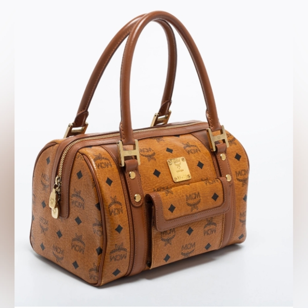 MCM Cognac Visetos Boston Bowling Satchel Hand Bag //With Dust Bag & COA